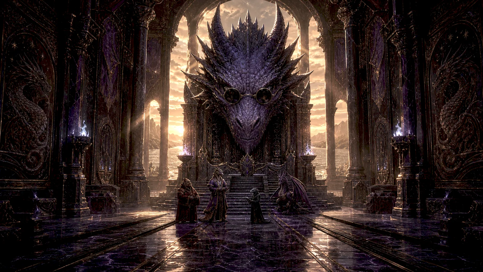 Burny's chamber — a dragon sovereign presides over a sunset hall as advisors gather below.