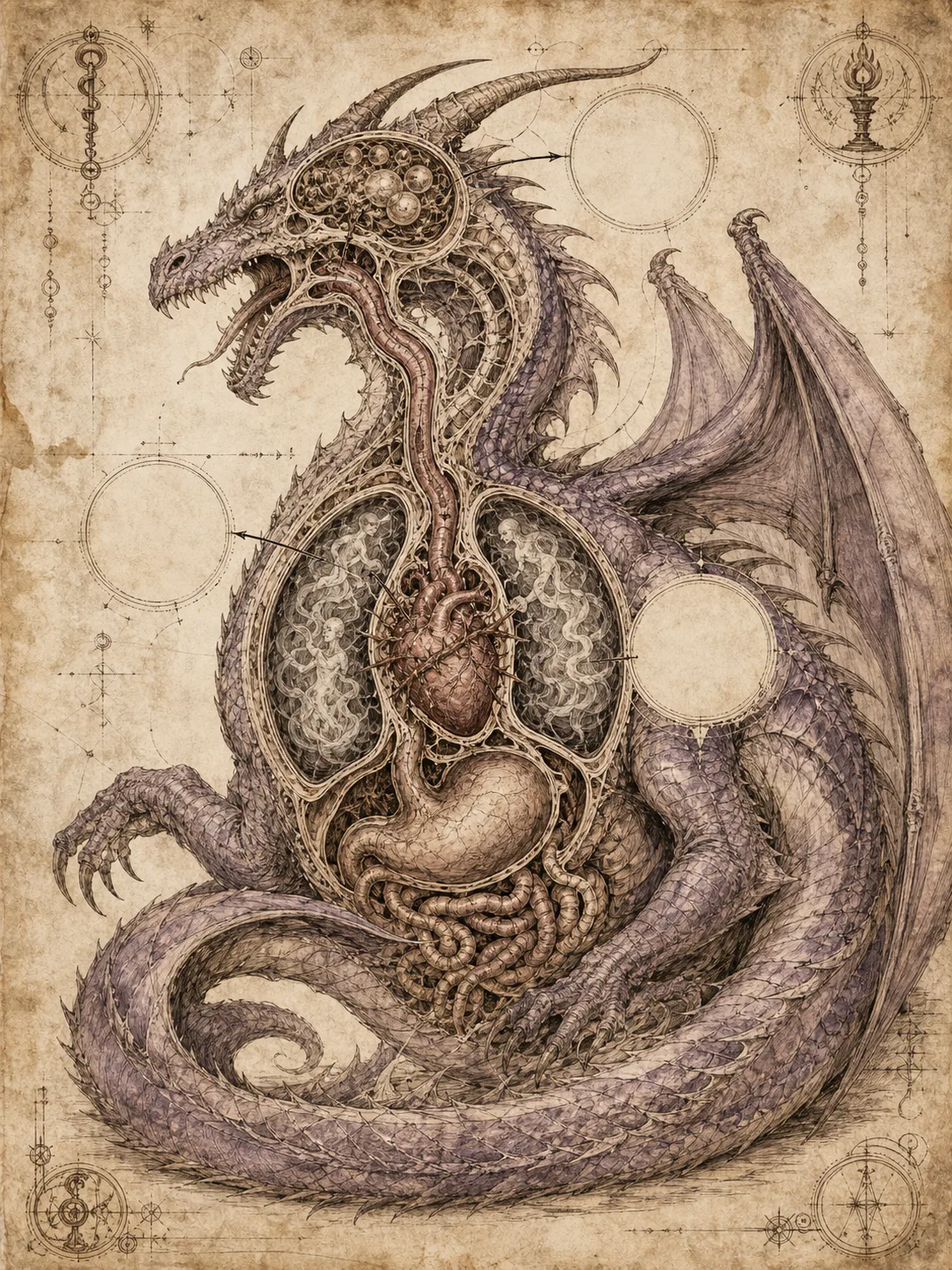 An anatomical study of a dragon in aged-parchment ink — organs and circulatory detail drawn like a Renaissance plate.
