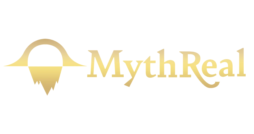 The MythReal wordmark: a rising-sun sigil above gold serif lettering.